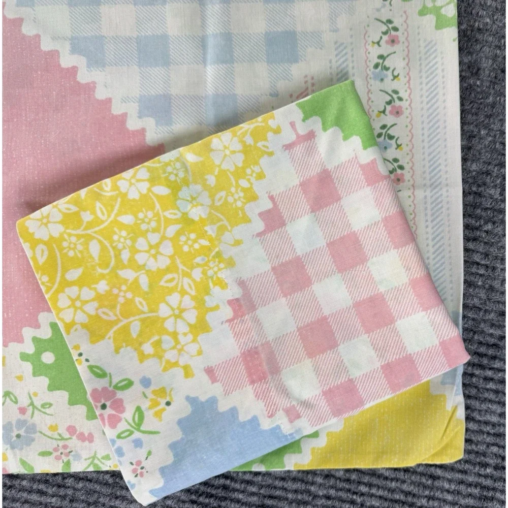 Vintage Sears Patchwork Full Sheet Set 4 Pc Flat Fitted 2 Cases Floral Gingham